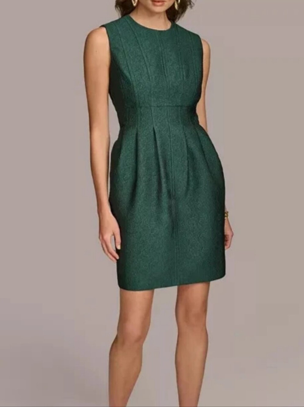 Donna Karan Sleeveless Emerald Green Pleated Sheath Dress Size 14